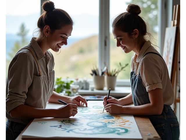 Two artists, one a calligrapher and the other a painter, collaborate on a piece of art, showcasing regional artistry.