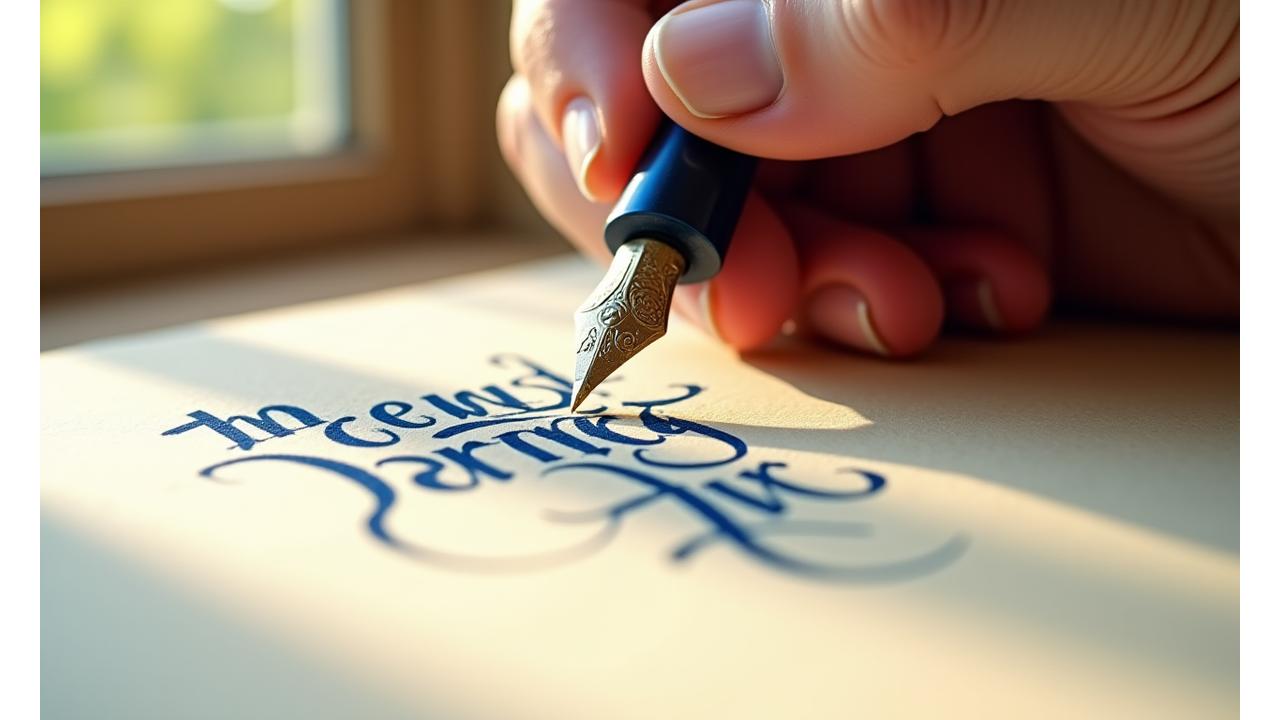 A close-up of a hand gently guiding a calligraphy pen across paper, with soft, diffused lighting creating a peaceful atmosphere. Inkwell droplets shimmer on the nib, suggesting mindfulness and focus.