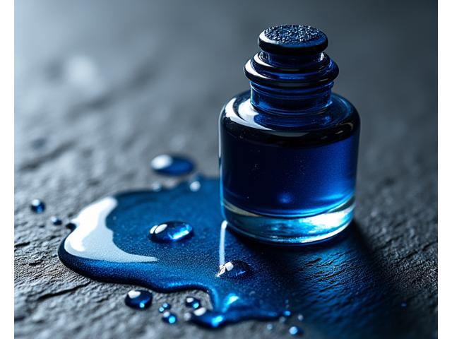 Bottle of Inkwell Angler 'Deep Sea' blue ink with a shimmering metallic sheen.