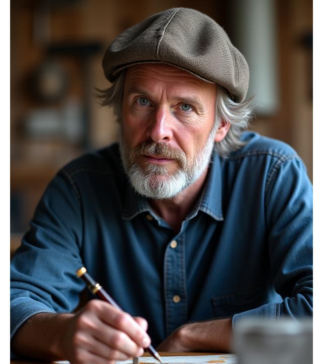 A thoughtful portrait of Gareth Davies, a calligrapher with a focused expression, surrounded by a subtle backdrop reflecting traditional elements and perhaps a hint of fishing motifs.