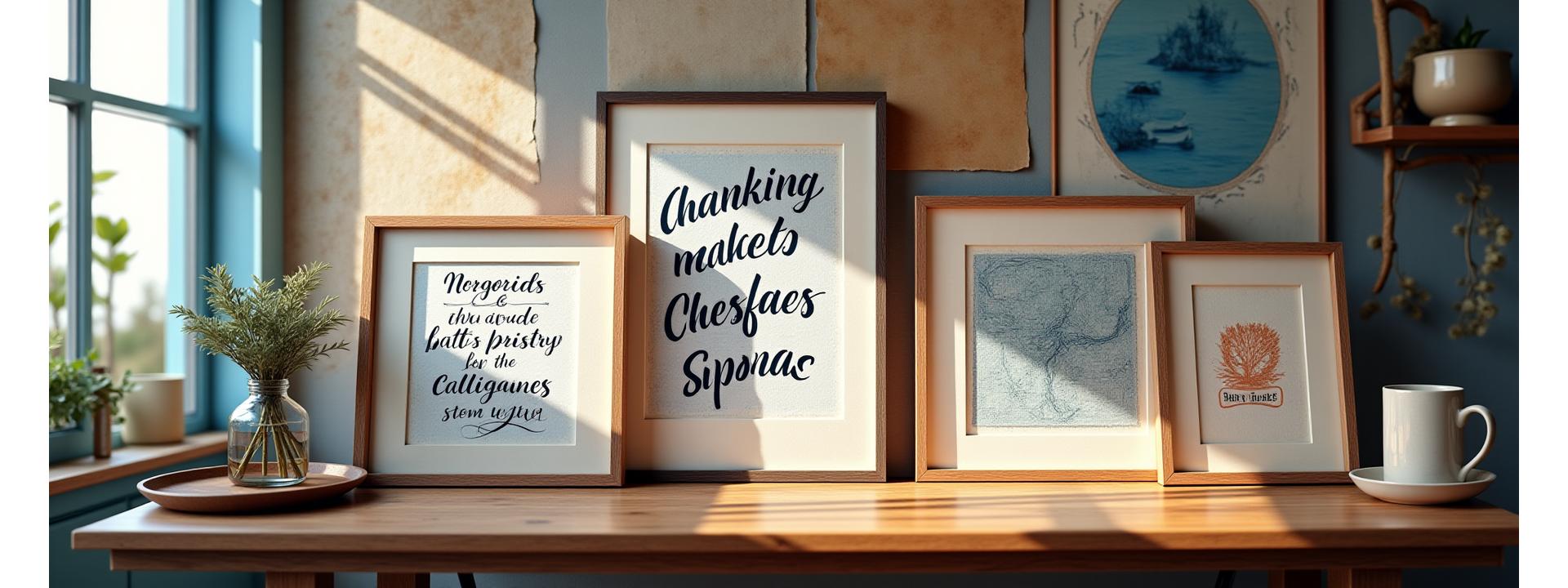 Montage of diverse fishing-themed calligraphy art pieces, showcasing various styles, sizes, and maritime motifs against a subtle ocean-inspired background.