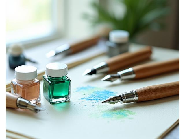 Close-up of premium handcrafted calligraphy pens and vibrant inks
