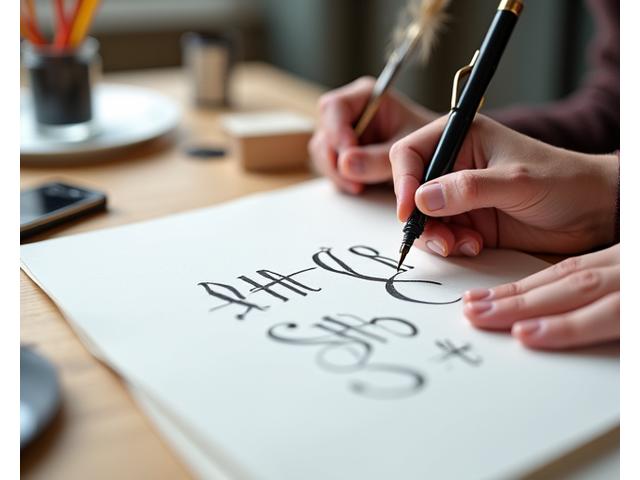 A student's hand practicing basic calligraphy strokes