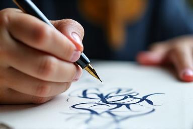 Focused child writing with a dip pen, creating elegant letters on a greeting card.