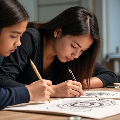 Creative female instructor, Olivia Nelson, helping a child with their intricate calligraphy design.