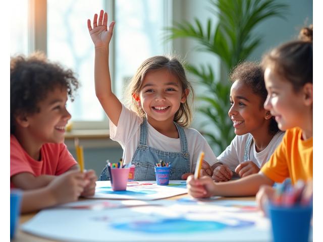 Joyful children proudly displaying their calligraphy artwork, pens in hand, with bright smiles in a sunlit studio.
