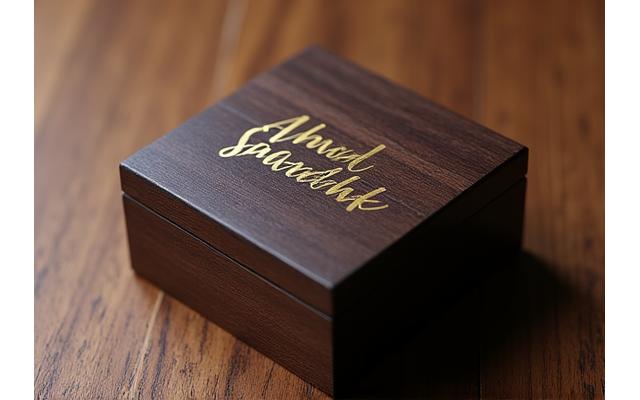 Elegant wooden keepsake box with a personalized calligraphed inscription on top, opened slightly to reveal delicate contents