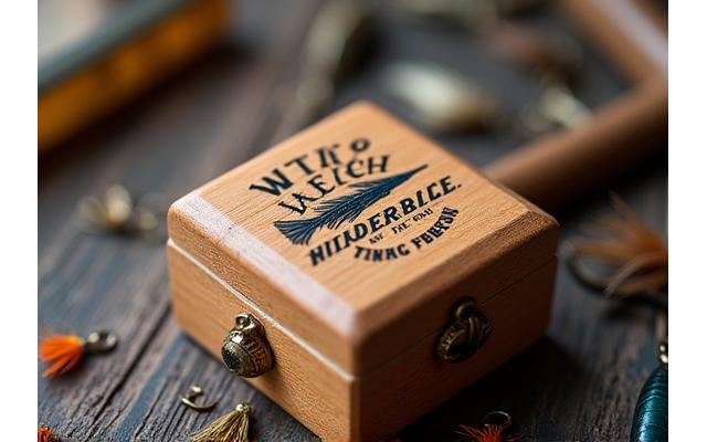 Personalized calligraphed message on a wooden fishing lure box, surrounded by fishing themed items
